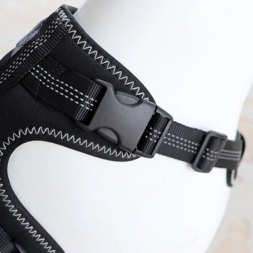 Black dog harness with reflective stitching on a mannequin against a white background