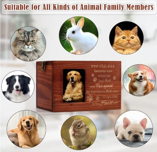Custom Engraved Pet Urn - Wooden Memorial Keepsake with Photo Frame for Dogs & Cats