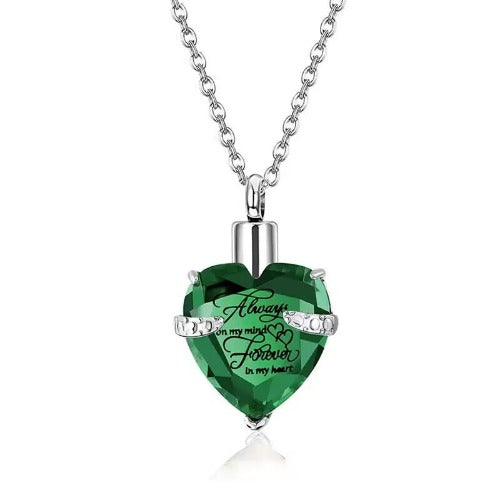 Heart Cremation Urn Necklace for Ashes – Stainless Steel Memorial Locket with Crystal Heart, Keepsake Pendant “Always on My Mind, Forever in My Heart”