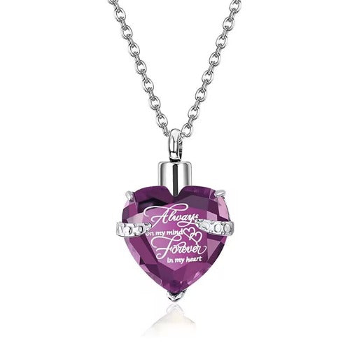 Heart Cremation Urn Necklace for Ashes – Stainless Steel Memorial Locket with Crystal Heart, Keepsake Pendant “Always on My Mind, Forever in My Heart”