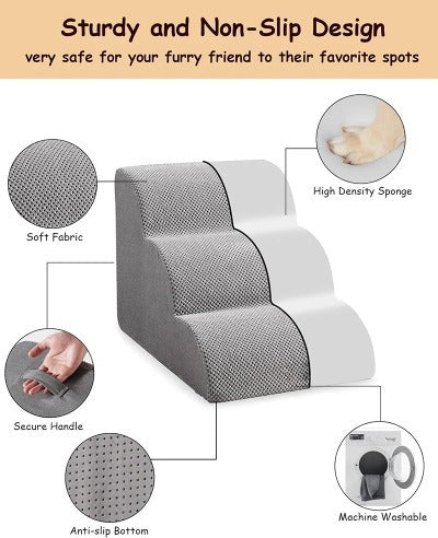 Memory Foam Pet Stairs for Small Dogs & Cats – 3/4 Step Non-Slip Ramp with Washable Cover for Bed, Couch & Sofa