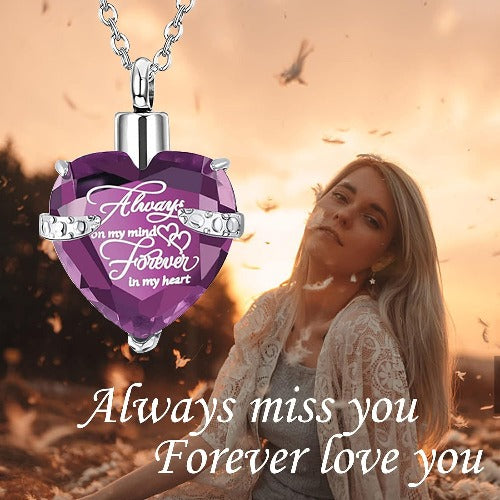 Heart Cremation Urn Necklace for Ashes – Stainless Steel Memorial Locket with Crystal Heart, Keepsake Pendant “Always on My Mind, Forever in My Heart”