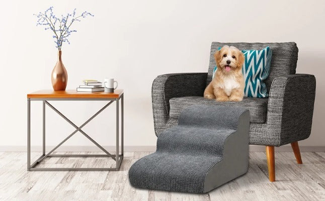 Memory Foam Pet Stairs for Small Dogs & Cats – 3/4 Step Non-Slip Ramp with Washable Cover for Bed, Couch & Sofa