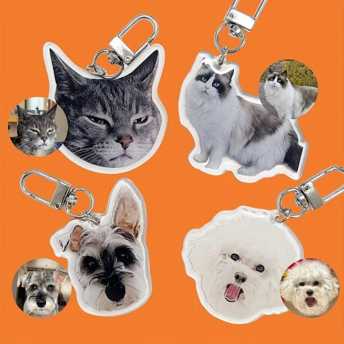 Keychains with cat and dog faces on an orange background