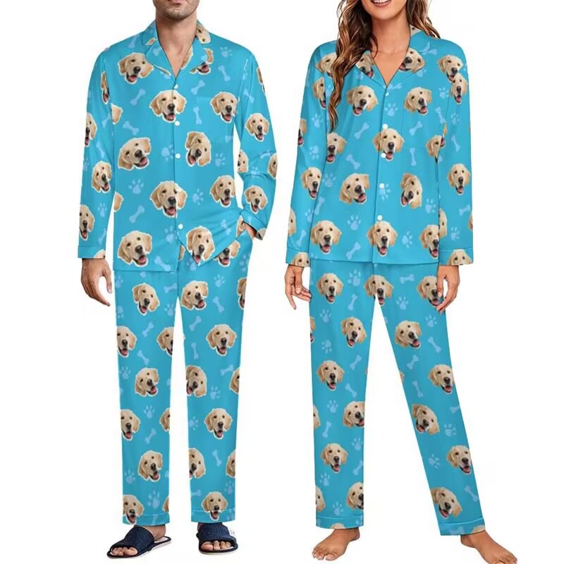 Matching family pajamas with golden retriever photo printed on fabric - Christmas gift for pet lovers from MyPetPersonal