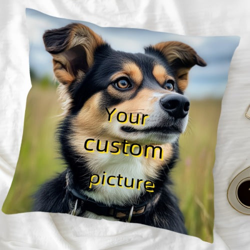Pillow with a dog's face printed on it, featuring text 'Your custom picture'.