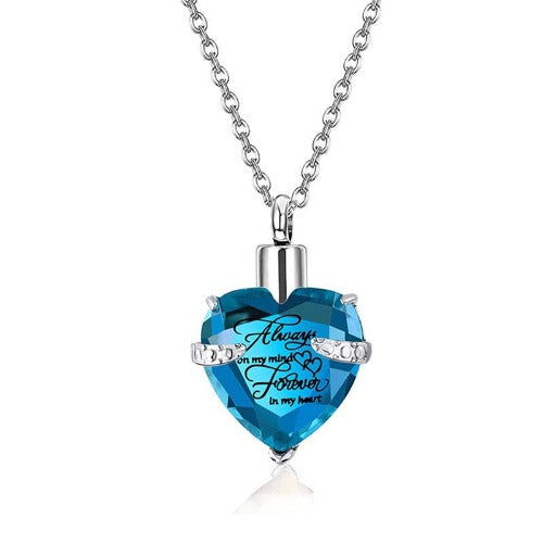 Heart Cremation Urn Necklace for Ashes – Stainless Steel Memorial Locket with Crystal Heart, Keepsake Pendant “Always on My Mind, Forever in My Heart”