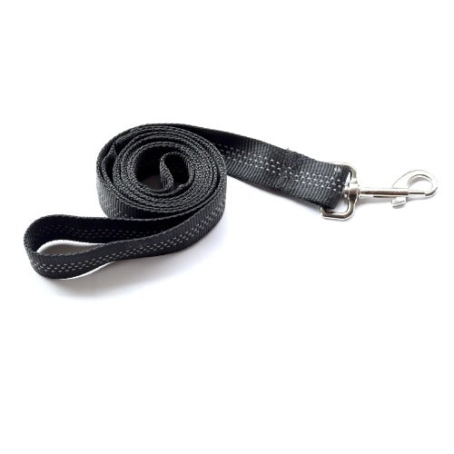 Black dog leash with metal clip on a white background