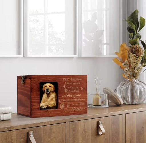 Custom Engraved Pet Urn - Wooden Memorial Keepsake with Photo Frame for Dogs & Cats