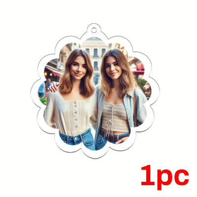 Decorative photo ornament with two people in a cityscape background