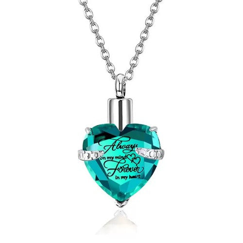 Heart Cremation Urn Necklace for Ashes – Stainless Steel Memorial Locket with Crystal Heart, Keepsake Pendant “Always on My Mind, Forever in My Heart”
