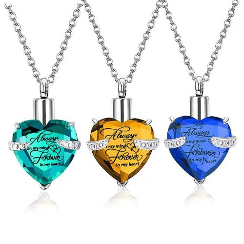 Heart Cremation Urn Necklace for Ashes – Stainless Steel Memorial Locket with Crystal Heart, Keepsake Pendant “Always on My Mind, Forever in My Heart”