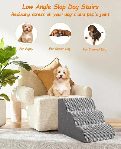 Memory Foam Pet Stairs for Small Dogs & Cats – 3/4 Step Non-Slip Ramp with Washable Cover for Bed, Couch & Sofa