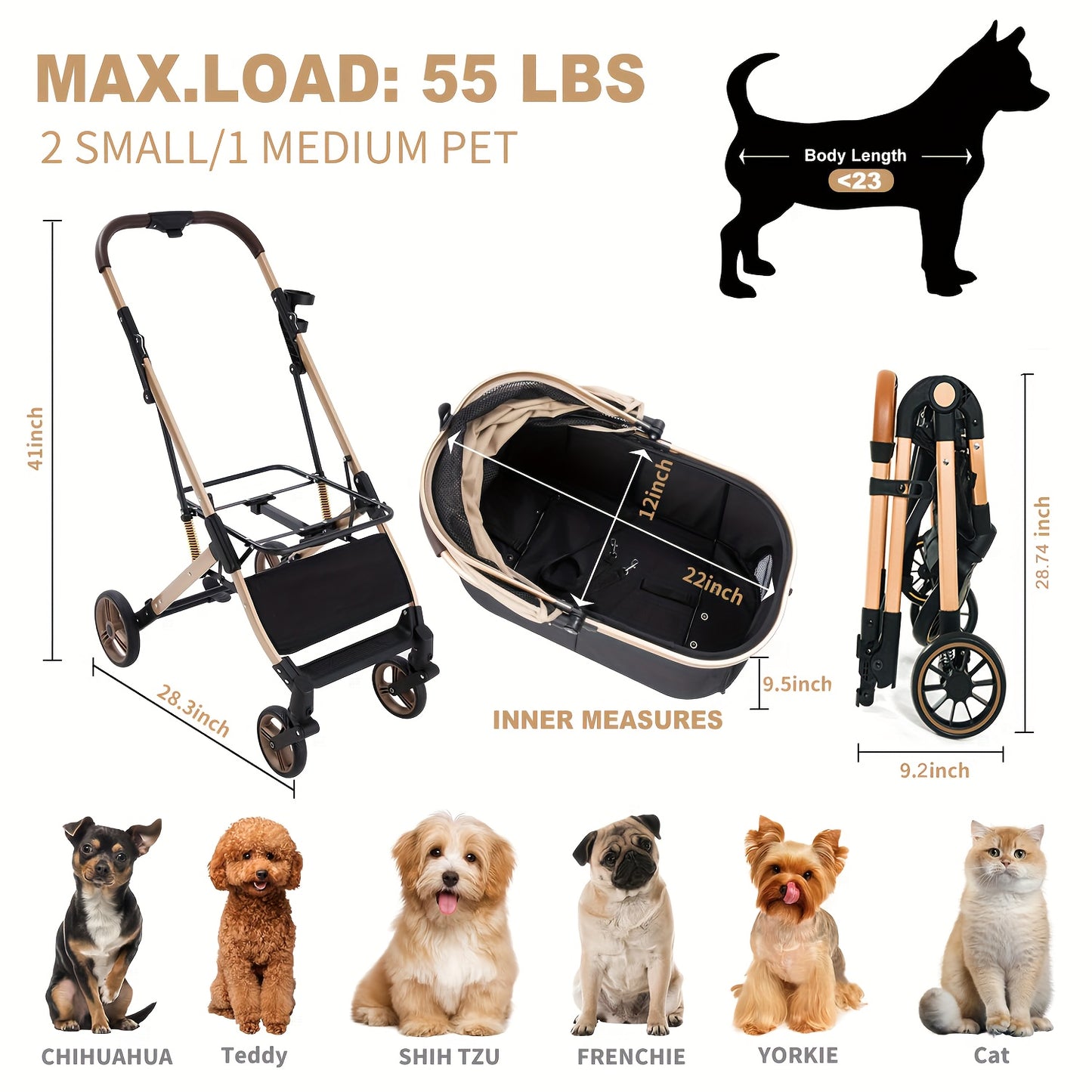 3-in-1 Foldable Pet Stroller with 4 Wheels – Detachable Carrier & Car Seat for Small/Medium Dogs & Cats up to 50 lbs