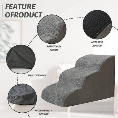 Memory Foam Pet Stairs for Small Dogs & Cats – 3/4 Step Non-Slip Ramp with Washable Cover for Bed, Couch & Sofa