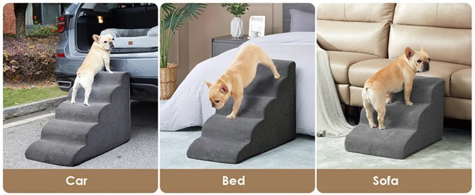 Memory Foam Pet Stairs for Small Dogs & Cats – 3/4 Step Non-Slip Ramp with Washable Cover for Bed, Couch & Sofa