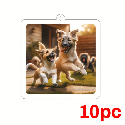 Decorative sign with two running dogs and '10pc' text on a white background