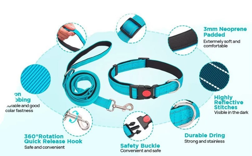 Reflective Dog Collar with Adjustable Nylon Webbing - Explosion-Proof Safety Collar Set for Night Walks