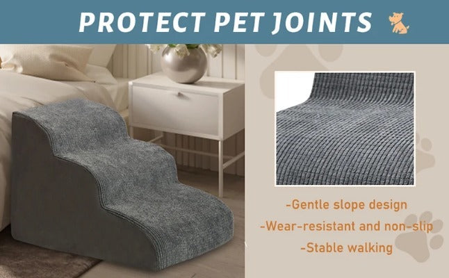 Memory Foam Pet Stairs for Small Dogs & Cats – 3/4 Step Non-Slip Ramp with Washable Cover for Bed, Couch & Sofa