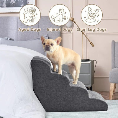 Memory Foam Pet Stairs for Small Dogs & Cats – 3/4 Step Non-Slip Ramp with Washable Cover for Bed, Couch & Sofa
