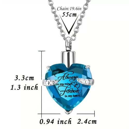 Heart Cremation Urn Necklace for Ashes – Stainless Steel Memorial Locket with Crystal Heart, Keepsake Pendant “Always on My Mind, Forever in My Heart”
