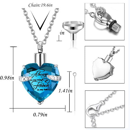 Heart Cremation Urn Necklace for Ashes – Stainless Steel Memorial Locket with Crystal Heart, Keepsake Pendant “Always on My Mind, Forever in My Heart”