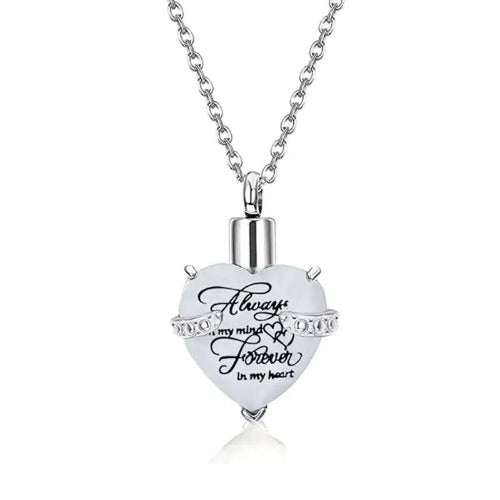 Heart Cremation Urn Necklace for Ashes – Stainless Steel Memorial Locket with Crystal Heart, Keepsake Pendant “Always on My Mind, Forever in My Heart”