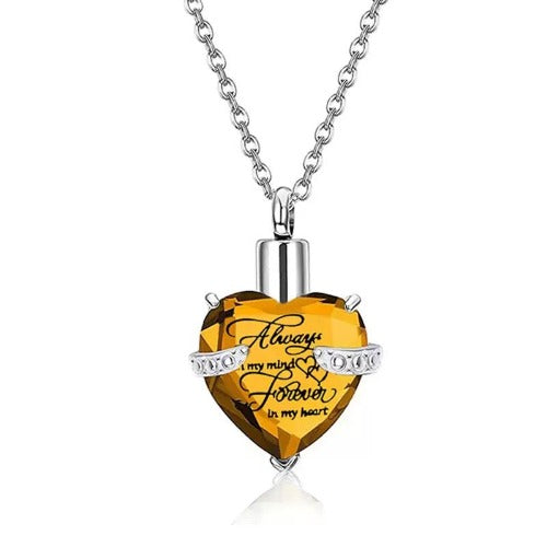 Heart Cremation Urn Necklace for Ashes – Stainless Steel Memorial Locket with Crystal Heart, Keepsake Pendant “Always on My Mind, Forever in My Heart”