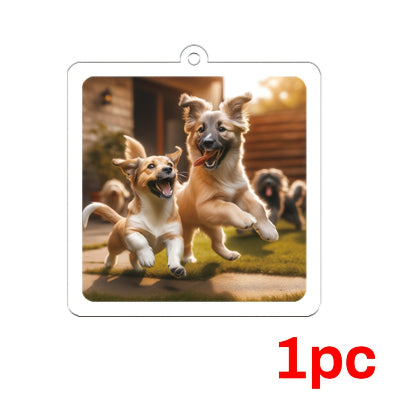 Two dogs running on a grassy area with a wooden cabin in the background, labeled '1 pc'.