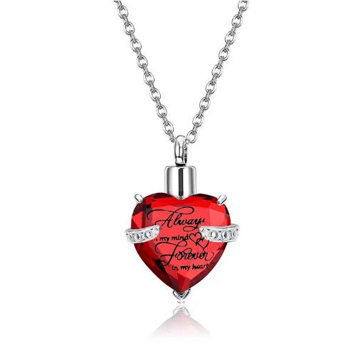 Heart Cremation Urn Necklace for Ashes – Stainless Steel Memorial Locket with Crystal Heart, Keepsake Pendant “Always on My Mind, Forever in My Heart”