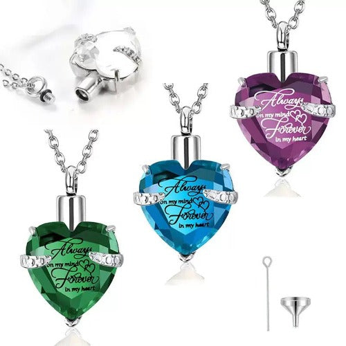 Heart Cremation Urn Necklace for Ashes – Stainless Steel Memorial Locket with Crystal Heart, Keepsake Pendant “Always on My Mind, Forever in My Heart”