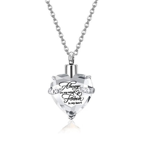 Heart Cremation Urn Necklace for Ashes – Stainless Steel Memorial Locket with Crystal Heart, Keepsake Pendant “Always on My Mind, Forever in My Heart”