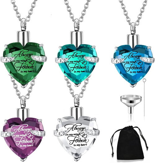 Heart Cremation Urn Necklace for Ashes – Stainless Steel Memorial Locket with Crystal Heart, Keepsake Pendant “Always on My Mind, Forever in My Heart”