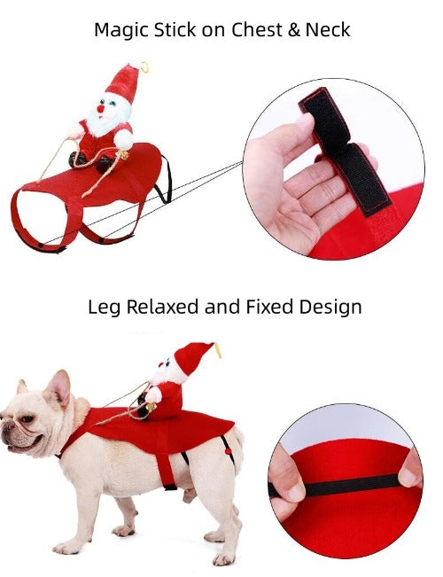 Dog harness with Santa Claus design and features highlighted on a white background