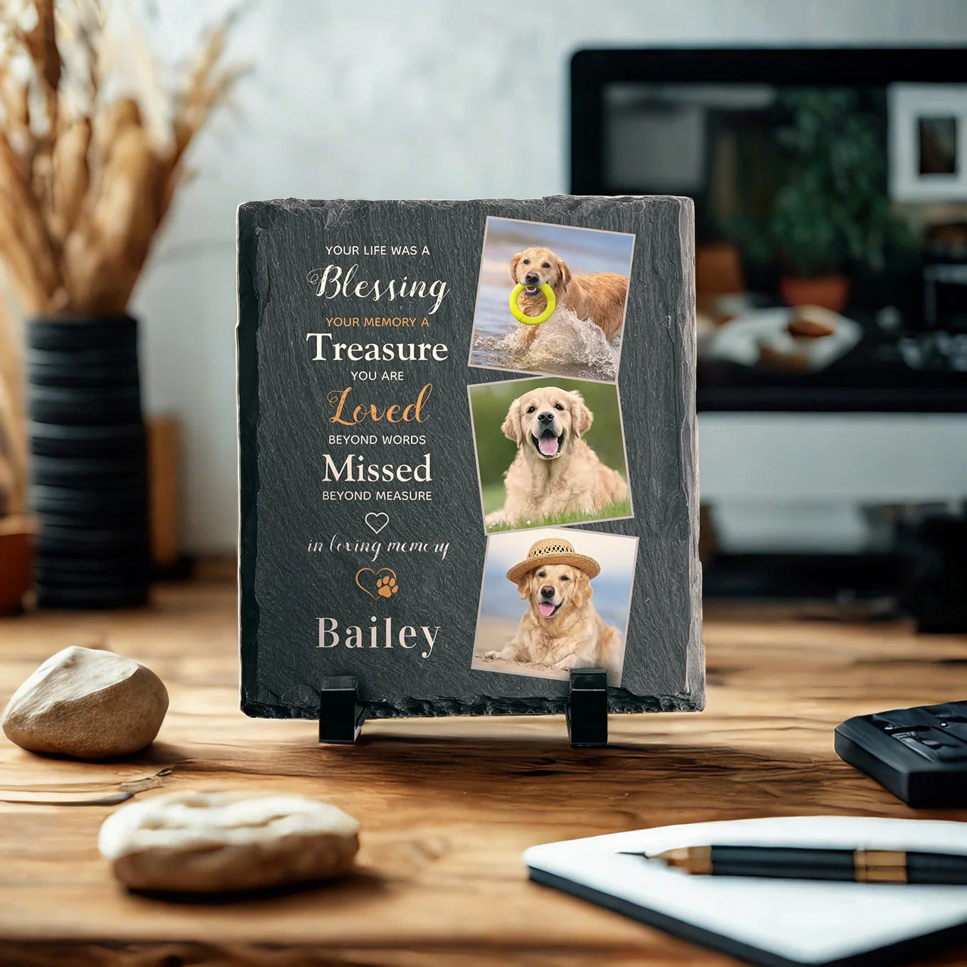 Personalized Pet Memorial Stone with Photo & Name – Custom Dog or Cat Grave Marker, Outdoor Garden Slate Plaque