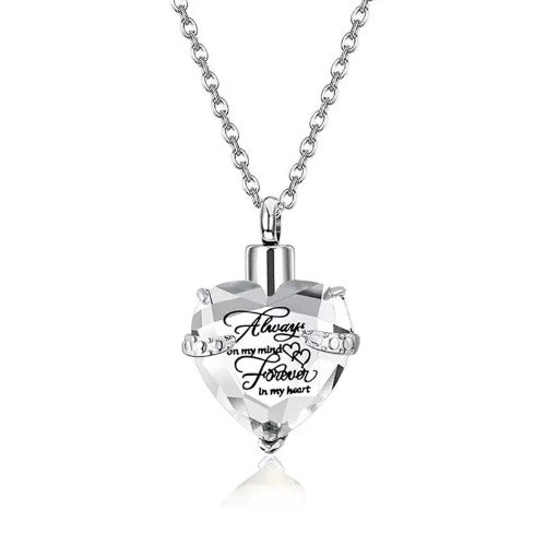 Heart Cremation Urn Necklace for Ashes – Stainless Steel Memorial Locket with Crystal Heart, Keepsake Pendant “Always on My Mind, Forever in My Heart”