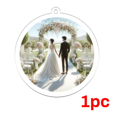 Circular photo ornament with a wedding scene of a couple holding hands under a floral arch.