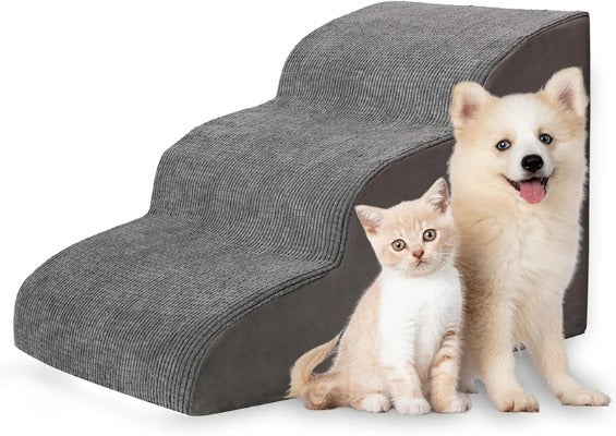 Memory Foam Pet Stairs for Small Dogs & Cats – 3/4 Step Non-Slip Ramp with Washable Cover for Bed, Couch & Sofa