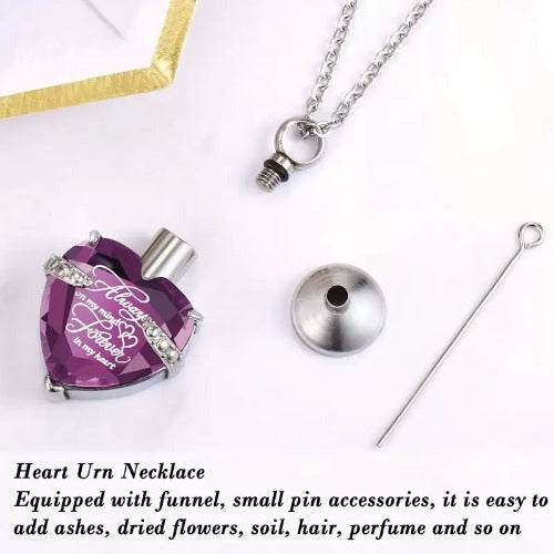 Heart Cremation Urn Necklace for Ashes – Stainless Steel Memorial Locket with Crystal Heart, Keepsake Pendant “Always on My Mind, Forever in My Heart”