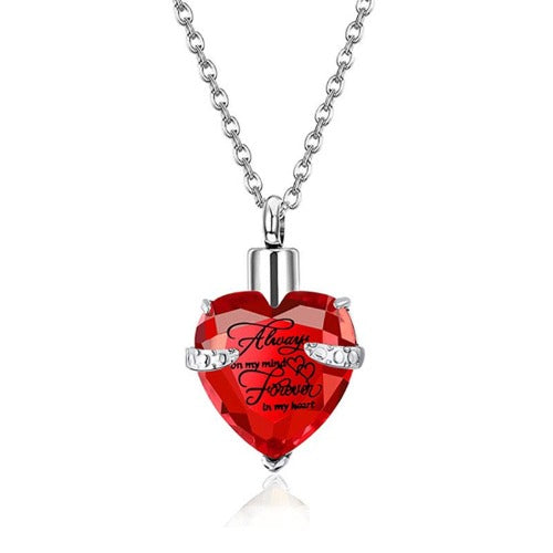 Heart Cremation Urn Necklace for Ashes – Stainless Steel Memorial Locket with Crystal Heart, Keepsake Pendant “Always on My Mind, Forever in My Heart”