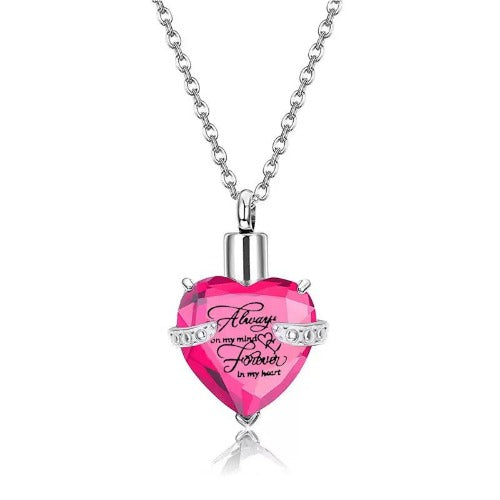 Heart Cremation Urn Necklace for Ashes – Stainless Steel Memorial Locket with Crystal Heart, Keepsake Pendant “Always on My Mind, Forever in My Heart”