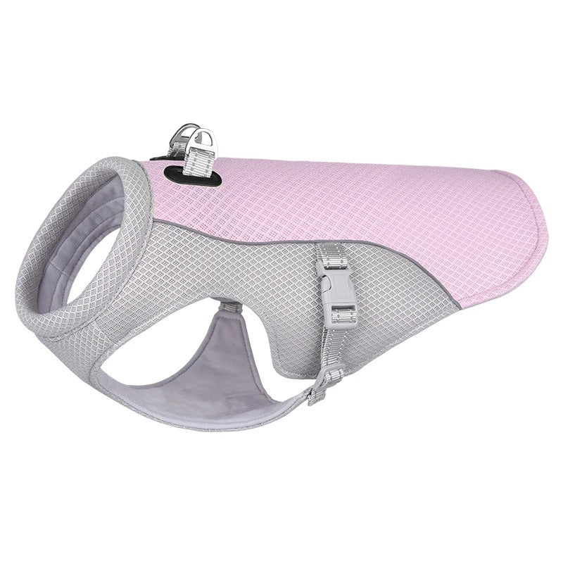 Two-tone gray and pink dog harness on a white background