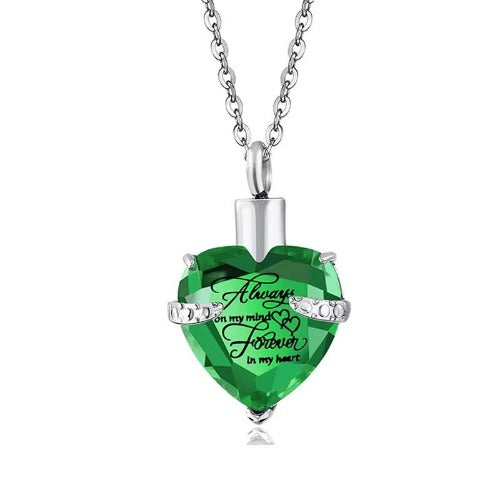 Heart Cremation Urn Necklace for Ashes – Stainless Steel Memorial Locket with Crystal Heart, Keepsake Pendant “Always on My Mind, Forever in My Heart”