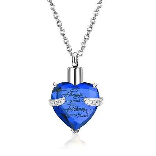 Heart Cremation Urn Necklace for Ashes – Stainless Steel Memorial Locket with Crystal Heart, Keepsake Pendant “Always on My Mind, Forever in My Heart”
