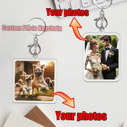 Custom photo keychain with two images: dogs and a couple, on a white surface.