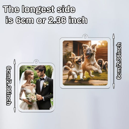 Two rectangular photo frames with different images, one showing a couple and the other two dogs, on a light gray background.
