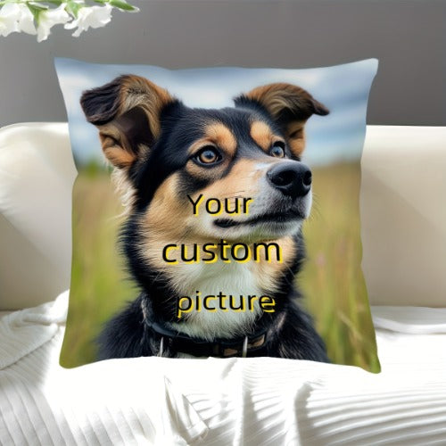Pillow with a dog's face printed on it, featuring text 'Your custom picture'.