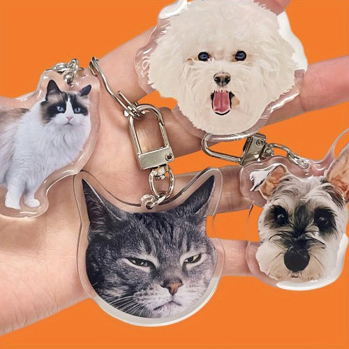Keychains with cat and dog faces on an orange background