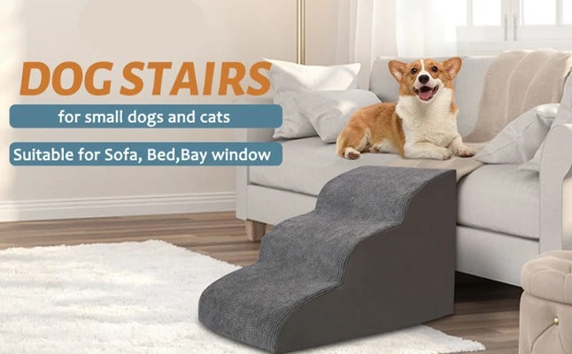 Memory Foam Pet Stairs for Small Dogs & Cats – 3/4 Step Non-Slip Ramp with Washable Cover for Bed, Couch & Sofa