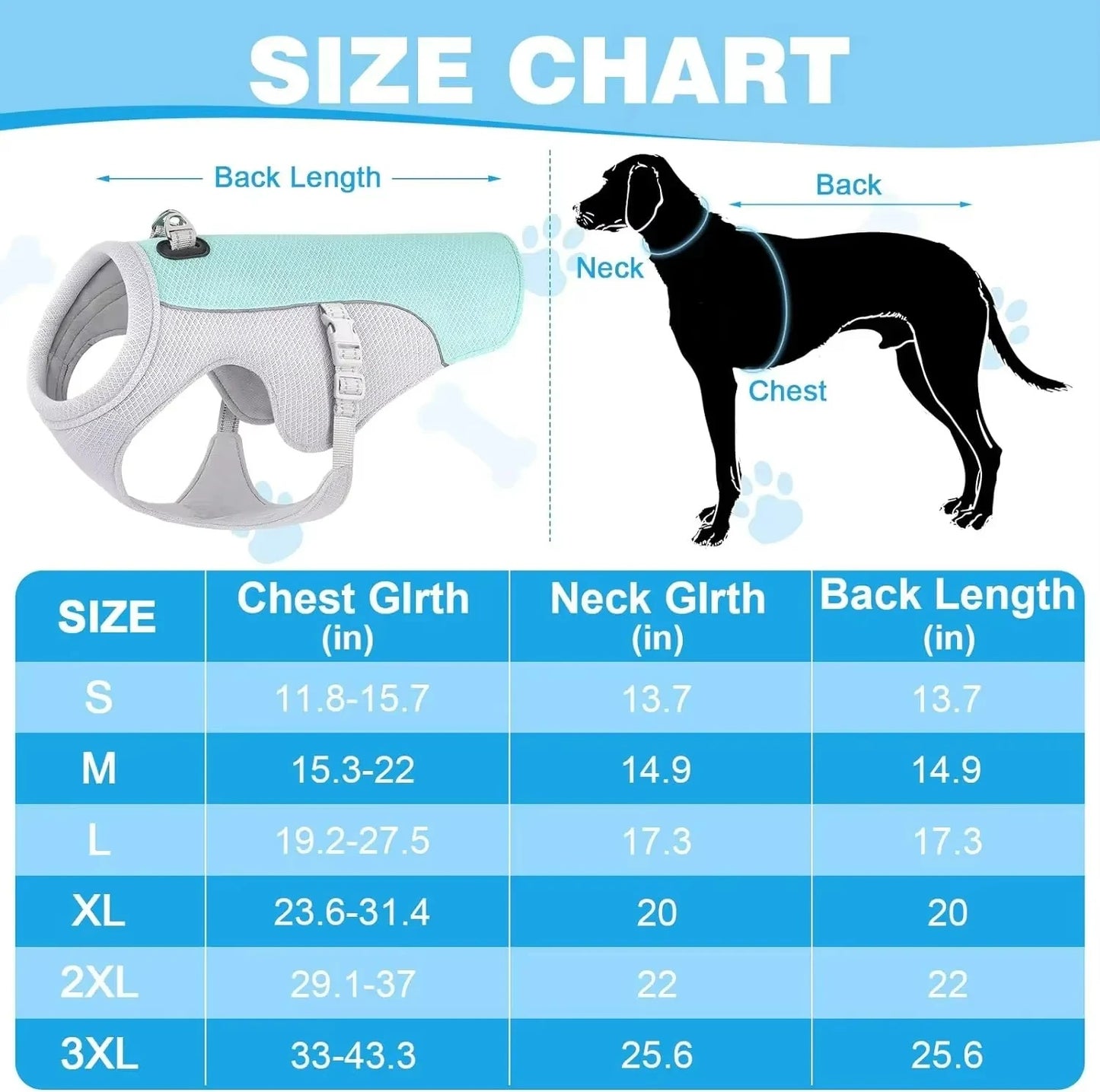 Size chart for New Ice Cooling Dog Vest, breathable mesh summer pet jacket available in S to 3XL